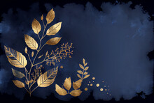 Gold Leaves On Deep Blue Background, Background With Flowers, Elegant Illustration, Glitter 