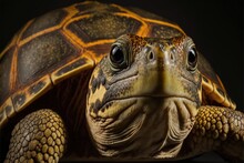  A Close Up Of A Turtle On A Black Background With A Black Background And A Black Background With A Turtle Looking At The Camera With A Black Background And Yellow Border With A Black Background.