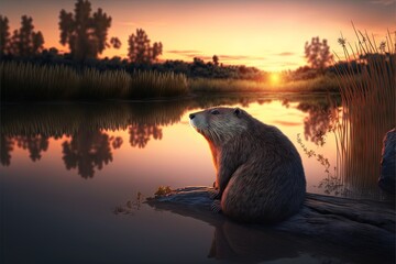 Wall Mural -  a beaver sitting on a log in the water at sunset with the sun setting in the background and a lake reflecting the water and reeds in the foreground, with reeds,. Generative AI