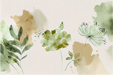 Beige And Green Flowers, Watercolour Illustration, Abstract, AI Generated