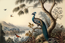 Vintage Wallpaper Of Forest Landscape With Lake, Plants, Trees, Roses, Birds, Peacocks, Butterflies And Insects