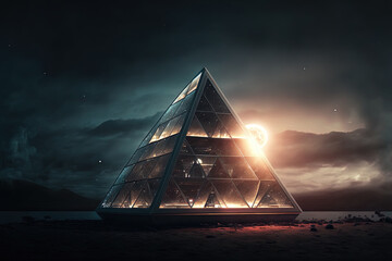 Sci-fi space background with pyramid. Science and technology platform on a galactic planet, stars, nebulae, night view, space. Ancient Egyptian pyramid, architecture, neon light. AI