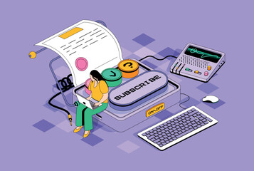 Fototapete - Electronic contract concept in 3d isometric design. Woman makes business deal and signing virtual documents and e-contract at laptop. Vector isometry illustration with people scene for web graphic