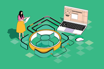 Focus group concept in 3d isometric design. Woman doing market and consumer research, analyze data and working with customers feedback. Vector isometry illustration with people scene for web graphic