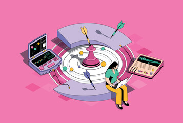 Poster - Global business concept in 3d isometric design. Woman working in international company, develop marketing strategy and achieving goals. Vector isometry illustration with people scene for web graphic