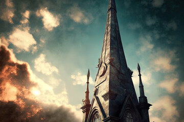 Wall Mural - a spire from an antique church and chimney tops against a beautiful sky. Generative AI