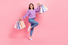 Full Length Photo Of Excited Lovely Girl Dressed Purple Pullover Holding Shoppers Isolated Pink Color Background