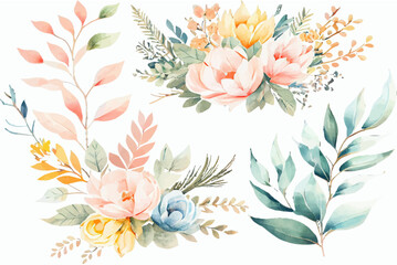 Wall Mural - watercolor floral bouquet illustration set. decorative elements template. flat cartoon illustration 