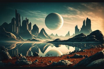 Canvas Print -  a painting of a planet with a lake in the foreground and mountains in the background, with a distant star in the sky above it, and a distant mountai Generative AI