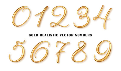 Gold 3d realistic numbers isolated PNG. Metallic gold number from zero to nine. Design element for festive party decoration.