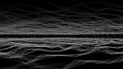Poster - Wave of digital particles on a black background. Abstract interlacing lines and points. Digital connection of elements. Simulation of the movement of small particles. 3D rendering.