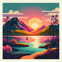 Landscape Of Mountains And Lake, Illustration. Generative AI.