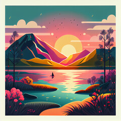 Landscape of mountains and lake, illustration. Generative AI.