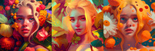 Illustrations Of A Girl Portraits. God Of Flora. Abstract Background With Flowers, Collection