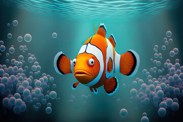 Wall Mural - Cartoon clownfish observe the water's surface in reflection while underwater. An depiction of an anemone, a tropical aquatic organism with stripes and a protruding forehead, from an aquarium or marine