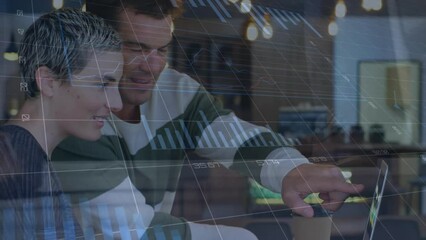 Poster - Animation of statistics and financial data processing over business people in office