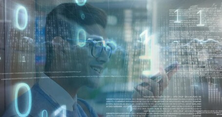 Poster - Animation of data processing over caucasian man talking on smartphone against clouds in the sky