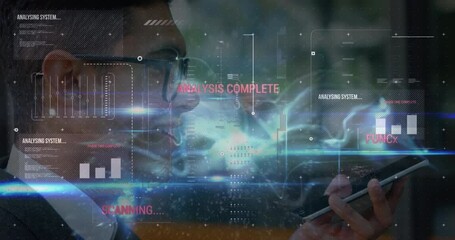 Poster - Animation of data processing and blue digital wave over caucasian businessman talking on smartphone