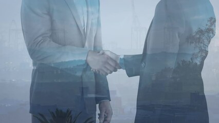 Poster - Animation of businessman handshake over cityscape