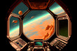 Pixel Art Science Fiction Scene of the Futuristic Cockpit of a Spaceship Over an Alien Planet with Spacecraft and Moons Gliding Over the Surface. [Science Fiction Landscape. Graphic Novel, Video Game]