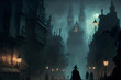 © TJ Barnwell - Silhouetted People in Wizard or Thief Type Cloaks in a Dark Nighttime Fantasy City Approaching a Towering Black Castle in the Distance. Thieves / Wizards Cityscape. [Sci-Fi, Fantasy, Historic, Horror]