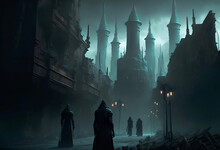 Silhouetted People In Wizard Or Thief Type Cloaks In A Dark Nighttime Fantasy City Approaching A Towering Black Castle In The Distance. Thieves / Wizards Cityscape. [Sci-Fi, Fantasy, Historic, Horror]