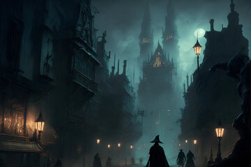 silhouetted people in wizard or thief type cloaks in a dark nighttime fantasy city approaching a tow