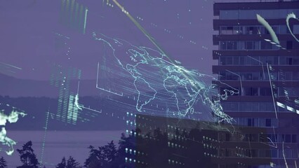 Poster - Animation of world map with data processing over cityscape