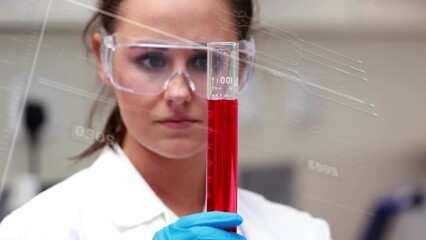 Poster - animation of data processing over female scientists with laboratory test tube