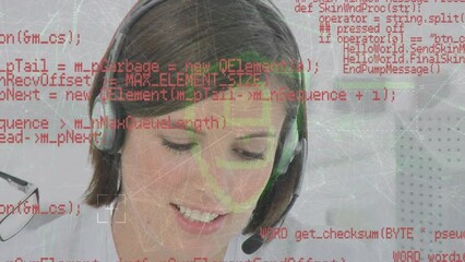 Poster - Animation of connections with icons over businesswoman using phone headset