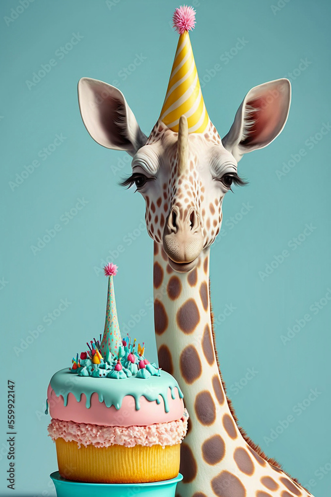Illustration Stock Portrait von einer Giraffe mit Partyhut und  Geburtstagstorte am Geburtstag feiern vor pastellfarbenen Hintergrund |  Adobe Stock