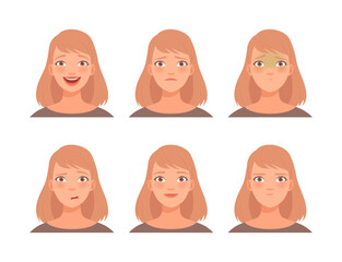 Sticker - Face expressions of young woman set. Female character with sceptic, angry, happy, upset face cartoon vector illustration