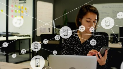 Poster - Animation of connections and data processing over biracial businesswoman
