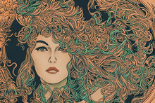 Portrait Of A Woman In Art Nouveau Style As Decoration Element For Cards Or Banners, Generative Ai