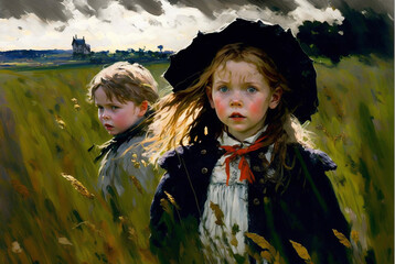 Wall Mural - Worried Looking  Frontier Children in a Rural Wildflower Field with a Large Mansion Estate House in the Background. Boy and Girl in Victorian  Clothes. [Digital Art Painting. Mystery / History.]