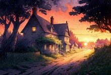 Anime Or Manga Drawing Of A Quaint Cottage Village Street At Sunset. [Digital Art Painting. Storybook / Fantasy / Historic Background. Graphic Novel, Postcard, Or Product Image.]