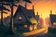 Anime Or Manga Drawing Of A Quaint Cottage Village Street At Sunset. [Digital Art Painting. Storybook / Fantasy / Historic Background. Graphic Novel, Postcard, Or Product Image.]
