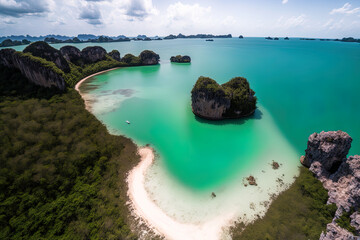 Poster - This area is known as the Koh Dam group after its two largest components, Koh (island) Dam Hok and Koh Dam Kwan. Drone aerial image of the Thale Waek (Separated Sea) in Krabi, Thailand. Generative AI