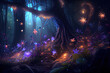 Leinwandbild Motiv Fairy forest at night, fantasy glowing flowers and lights, generative AI