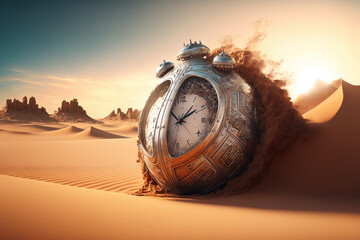 Time concept, clock in desert, surreal landscape with sand and movement, generative AI