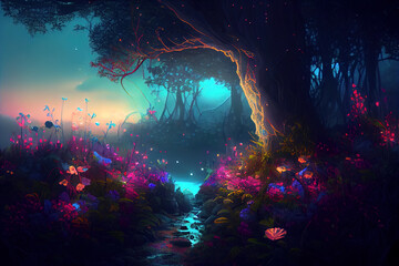 Poster - Fairy forest at night, fantasy glowing flowers and lights, generative AI