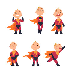 Canvas Print - Funny baby boy in bright superhero costume set. Happy cute boys in capes in action cartoon vector illustration