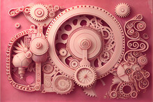 Steampunk Background With Gears In Rose And Red 