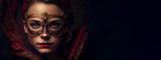 Wall Mural - Carnival banner mardi gras beautiful caucasian brunette woman with venetian mask copy space. Generative AI model