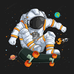 Wall Mural - hand drawn astronaut in spacesuit playing skateboard on space over space rocket and planets