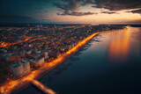 Fototapeta Miasto - Conceptual Ai Generated Image - Russia's central embankment of the Kama River and the city of Perm are shown in this aerial top view panorama taken at dusk. Generative AI