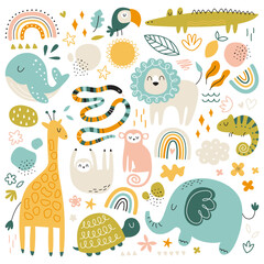 Wall Mural - Hand drawn abstract african animals flat icons set. Lion, sloth, snake, turtle and lizard. Cute pictures