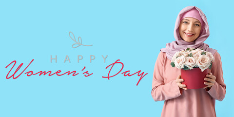 Poster - Beautiful mature Muslim woman with flowers on blue background. International Women's Day celebration