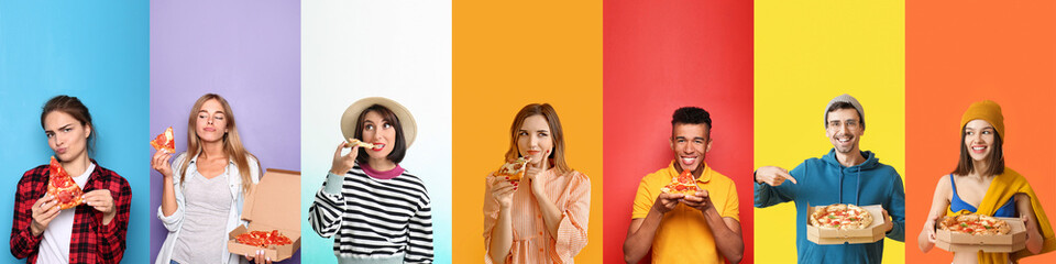 Wall Mural - Collage with different people eating tasty pizza on color background