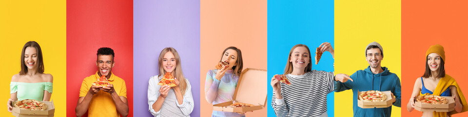 Canvas Print - Collage with many people eating tasty pizza on color background